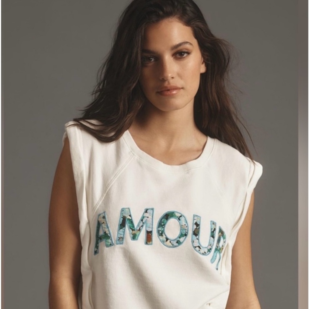 Anthropologie White Sleeveless Top with Blue Lettering